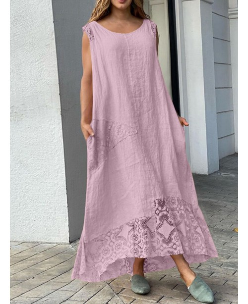 Lace Patchwork Pocket Round Neck Sleeveless Maxi D...