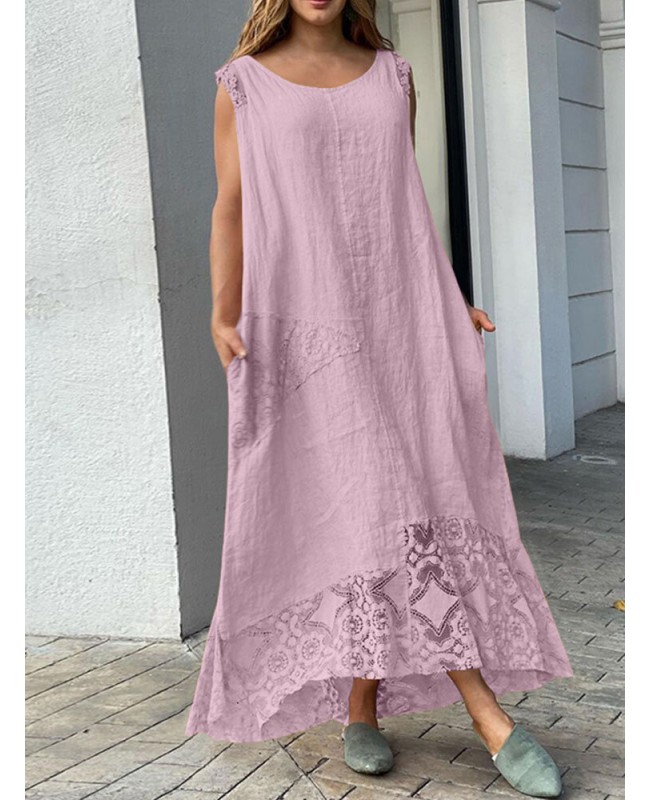 Lace Patchwork Pocket Round Neck Sleeveless Maxi Dress - Black S