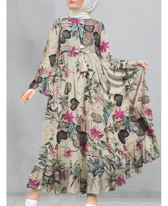 Women Cotton Floral Print Flare Sleeve Bandage Kaftan Loose Tunic Maxi Dress - Yellow S