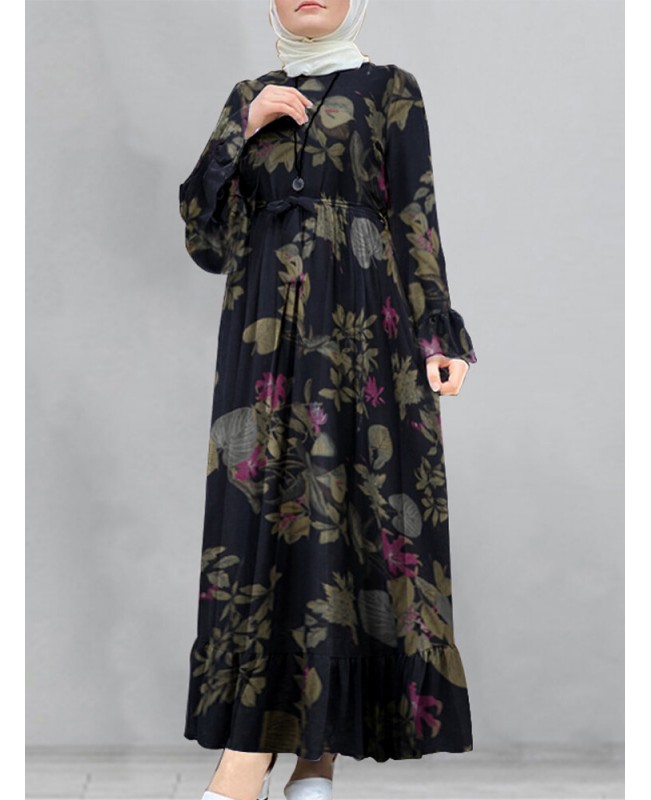 Women Cotton Floral Print Flare Sleeve Bandage Kaftan Loose Tunic Maxi Dress - Yellow S