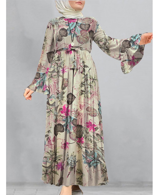 Women Cotton Floral Print Flare Sleeve Bandage Kaftan Loose Tunic Maxi Dress - Yellow S