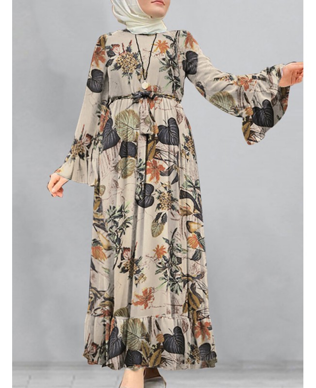 Women Cotton Floral Print Flare Sleeve Bandage Kaftan Loose Tunic Maxi Dress - Yellow S