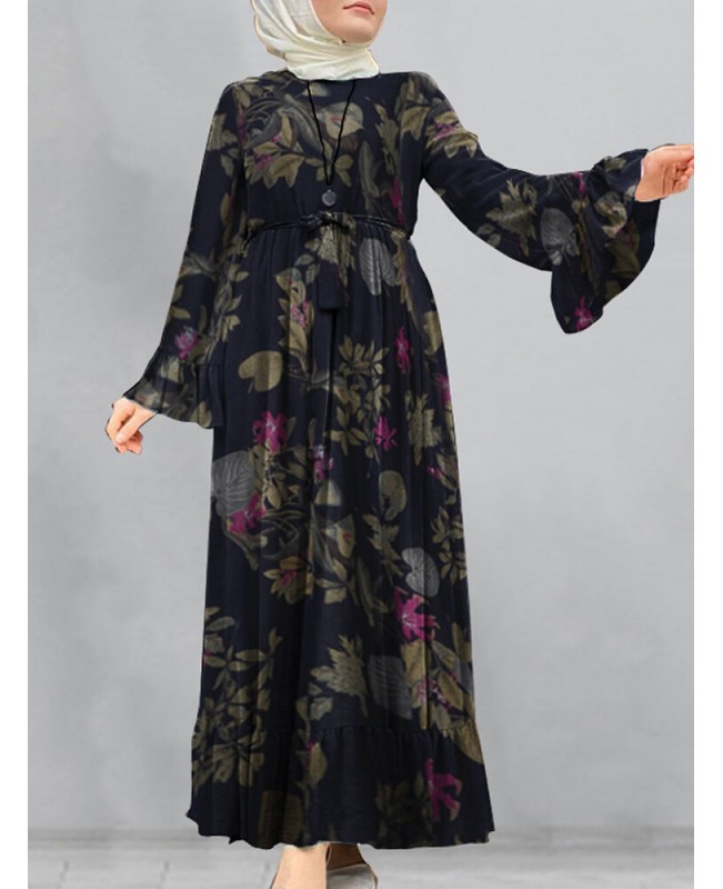 Women Cotton Floral Print Flare Sleeve Bandage Kaftan Loose Tunic Maxi Dress - Yellow S