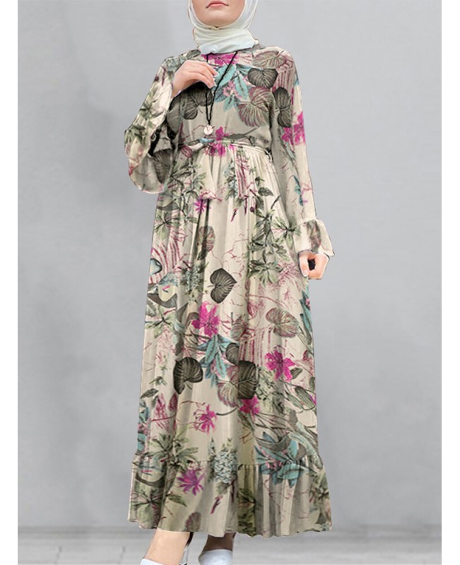 Women Cotton Floral Print Flare Sleeve Bandage Kaftan Loose Tunic Maxi Dress - Yellow S