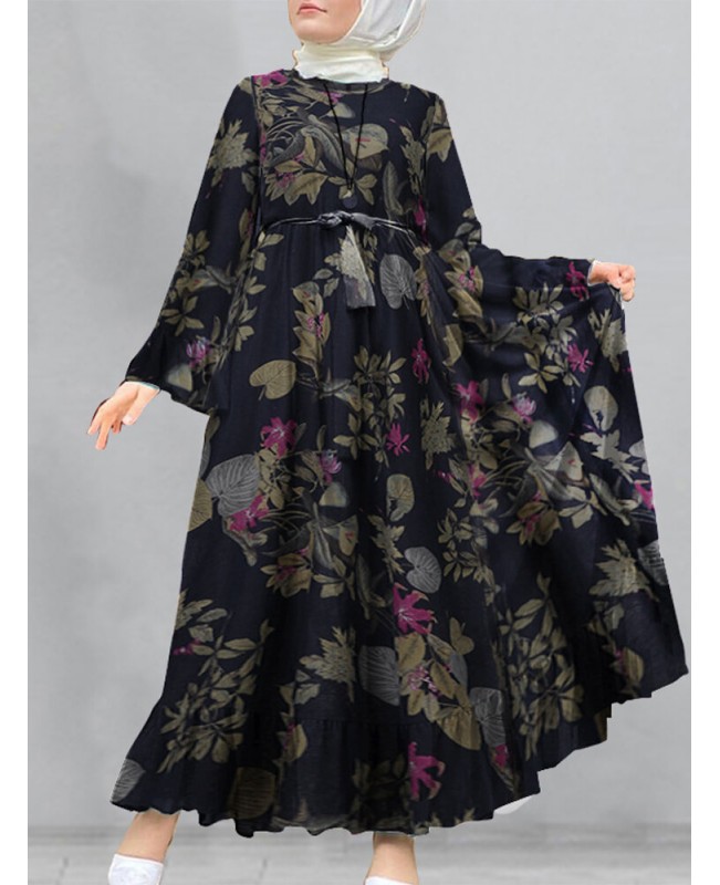 Women Cotton Floral Print Flare Sleeve Bandage Kaftan Loose Tunic Maxi Dress - Yellow S