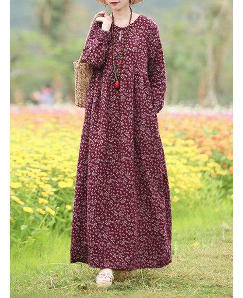 Women Floral Print O-Neck Long Sleeve Bohemian Hol...