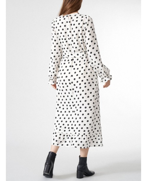 Allover Floral Print Belt Ruffle Hem Long Sleeve D...