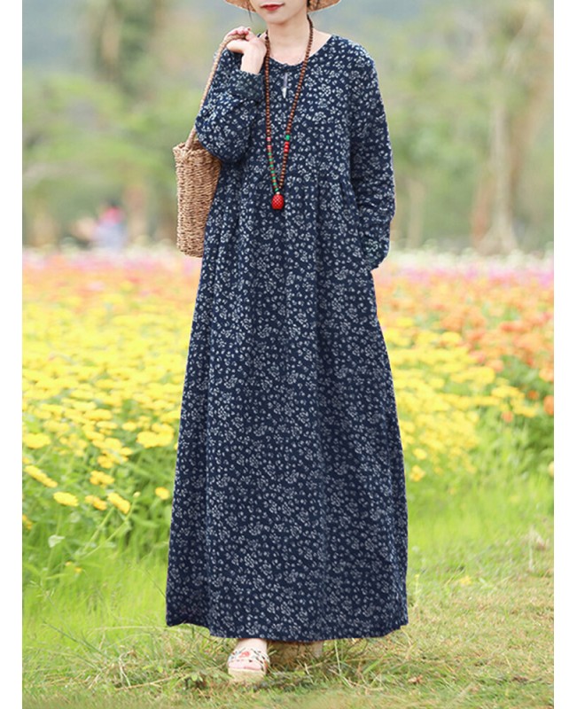 Women Floral Print O-Neck Long Sleeve Bohemian Holiday Maxi Dress With Pocket - Wine Red S