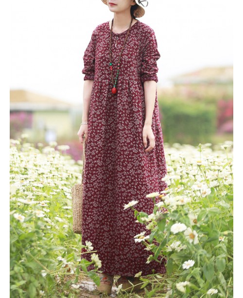 Women Floral Print O-Neck Long Sleeve Bohemian Hol...