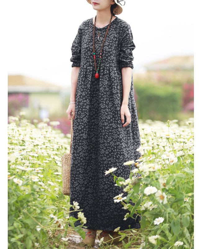 Women Floral Print O-Neck Long Sleeve Bohemian Holiday Maxi Dress With Pocket - Wine Red S