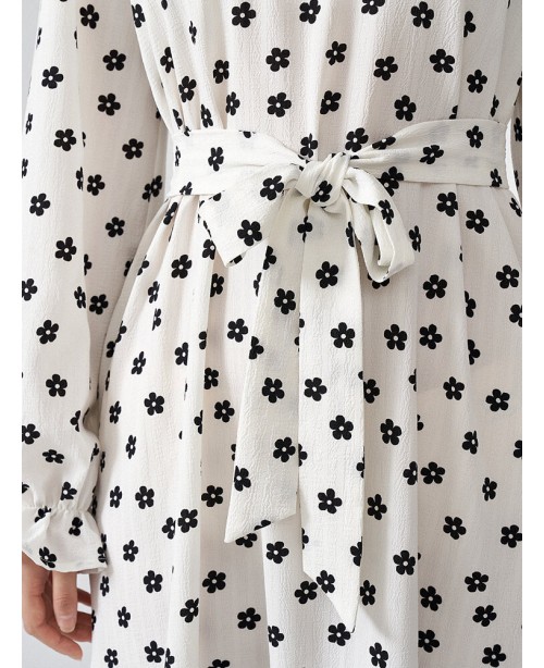 Allover Floral Print Belt Ruffle Hem Long Sleeve D...