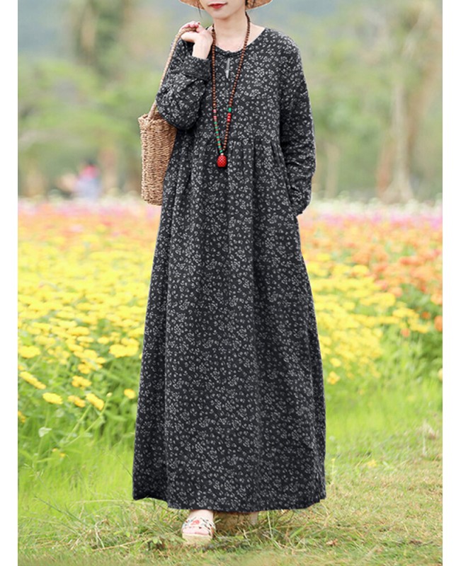 Women Floral Print O-Neck Long Sleeve Bohemian Holiday Maxi Dress With Pocket - Wine Red S