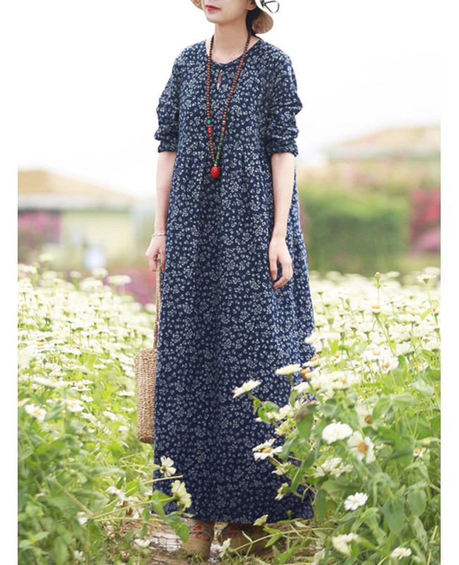 Women Floral Print O-Neck Long Sleeve Bohemian Holiday Maxi Dress With Pocket - Wine Red S