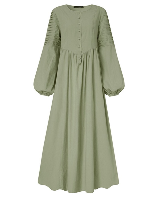 Women Cotton Puff Sleeve Pleated Round Neck Solid Color Swing Maxi Dress - Green L