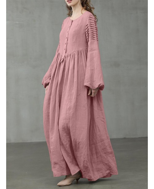Women Cotton Puff Sleeve Pleated Round Neck Solid ...