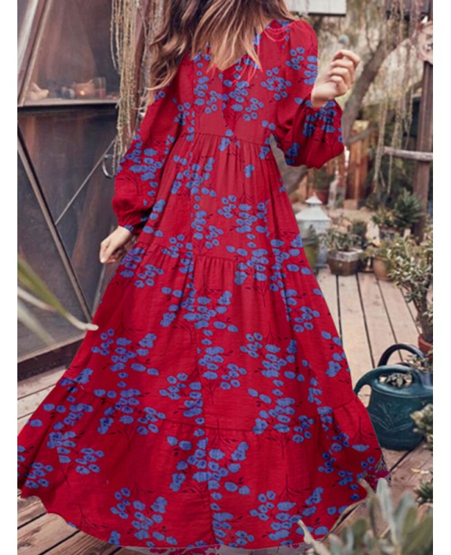 Puff Sleeve V-Neck Floral Loose Casual Dress For Women - Green S