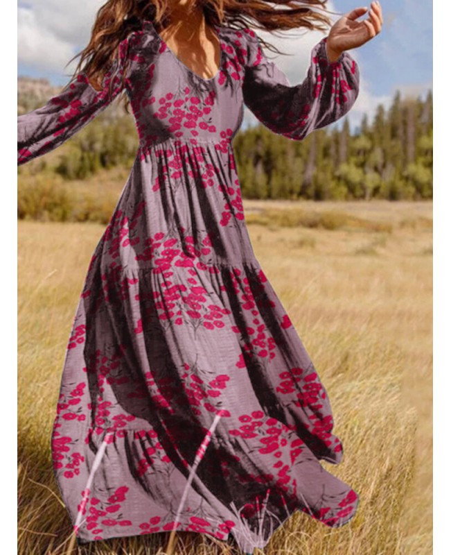 Puff Sleeve V-Neck Floral Loose Casual Dress For Women - Green S