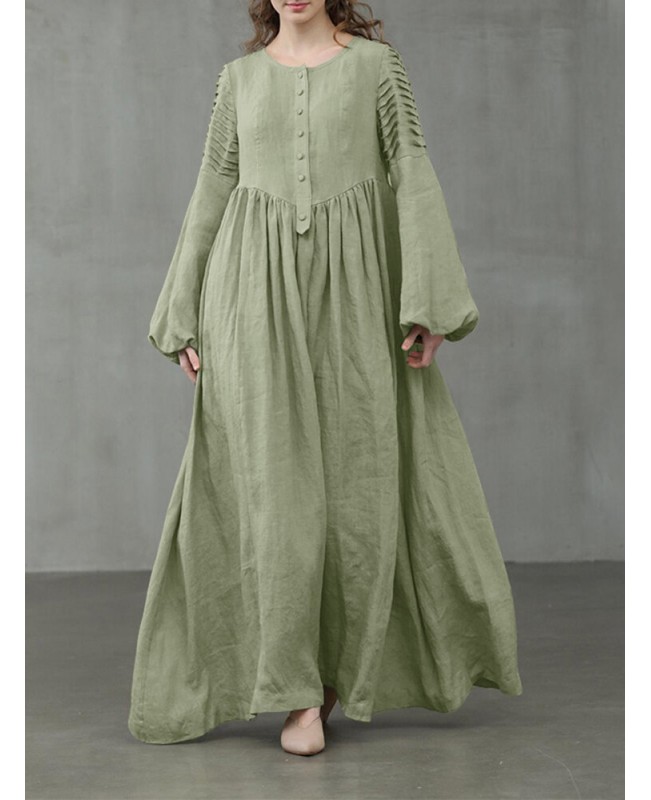 Women Cotton Puff Sleeve Pleated Round Neck Solid Color Swing Maxi Dress - Green L