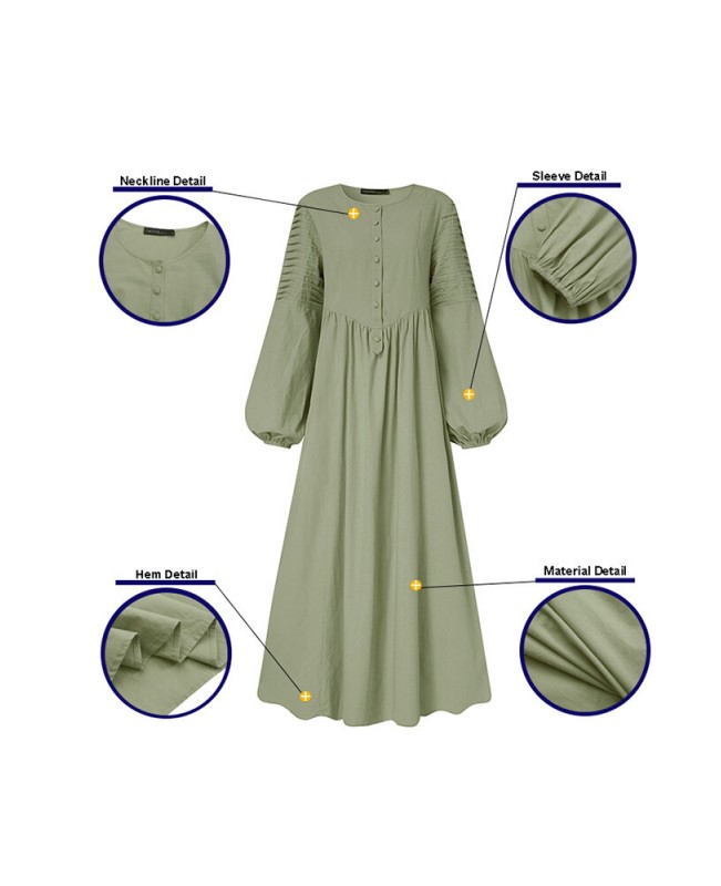 Women Cotton Puff Sleeve Pleated Round Neck Solid Color Swing Maxi Dress - Green L