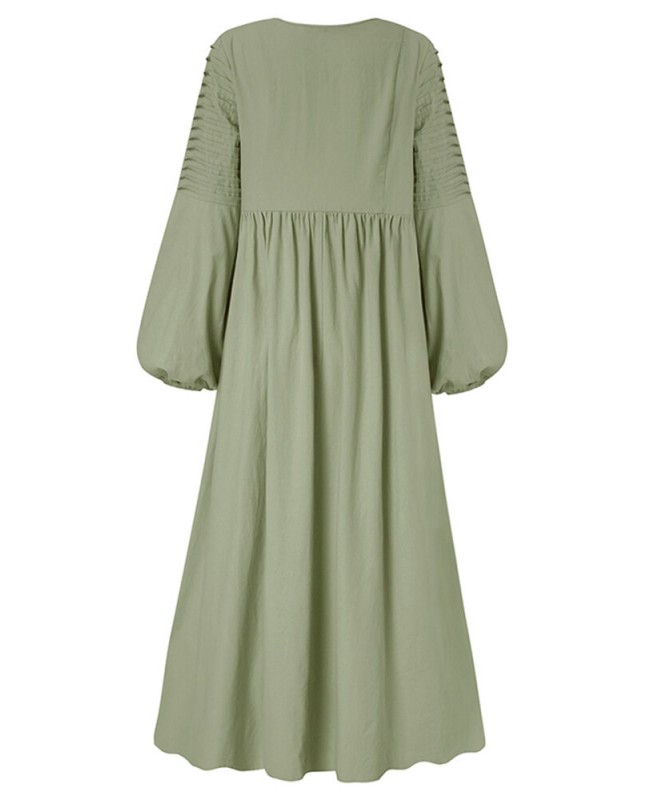 Women Cotton Puff Sleeve Pleated Round Neck Solid Color Swing Maxi Dress - Green L
