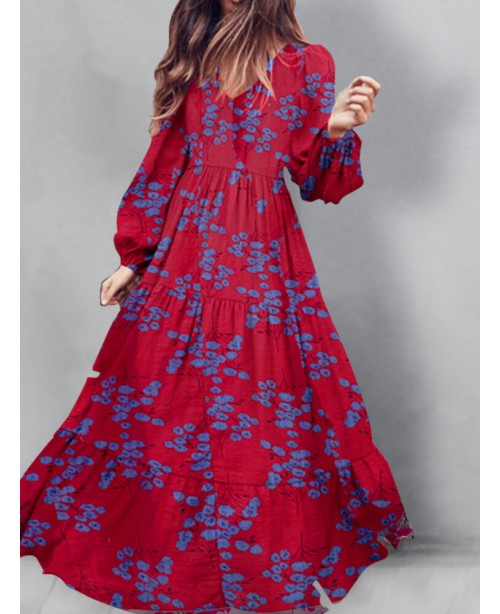 Puff Sleeve V-Neck Floral Loose Casual Dress For W...