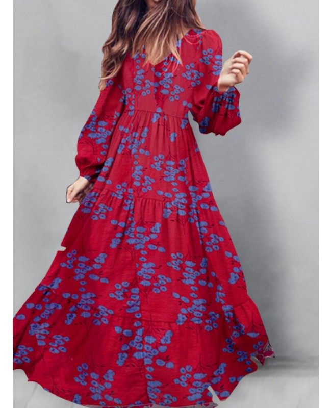 Puff Sleeve V-Neck Floral Loose Casual Dress For Women - Green S