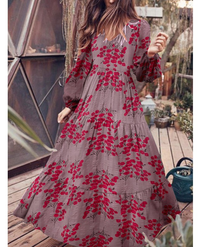 Puff Sleeve V-Neck Floral Loose Casual Dress For Women - Green S