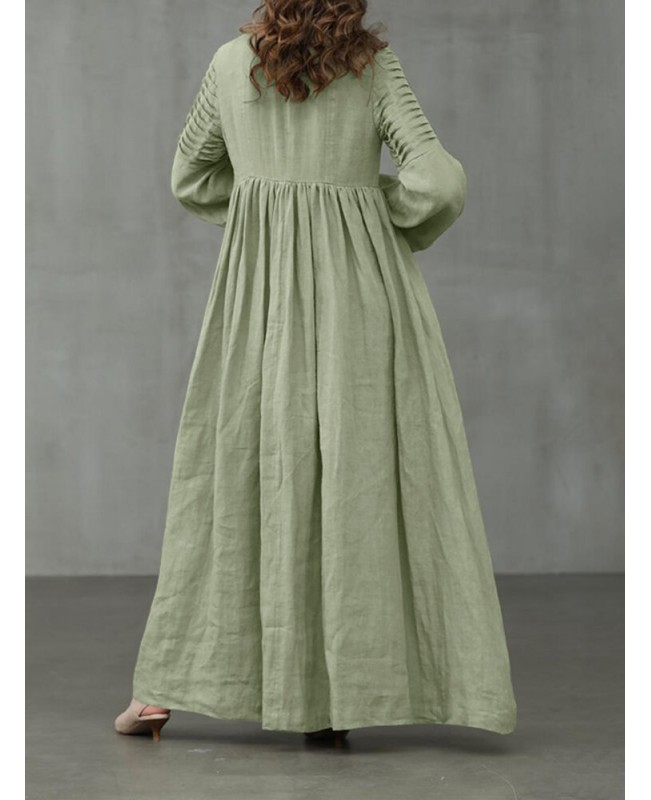Women Cotton Puff Sleeve Pleated Round Neck Solid Color Swing Maxi Dress - Green L