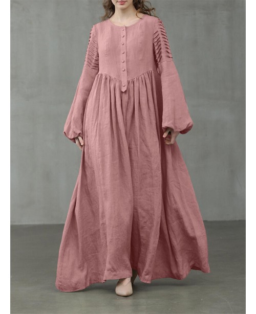 Women Cotton Puff Sleeve Pleated Round Neck Solid ...