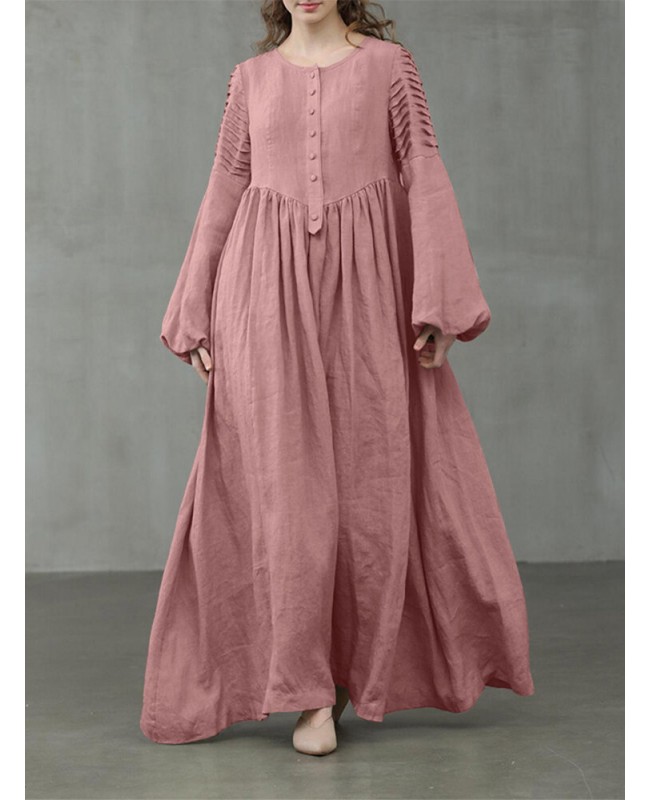 Women Cotton Puff Sleeve Pleated Round Neck Solid Color Swing Maxi Dress - Green L