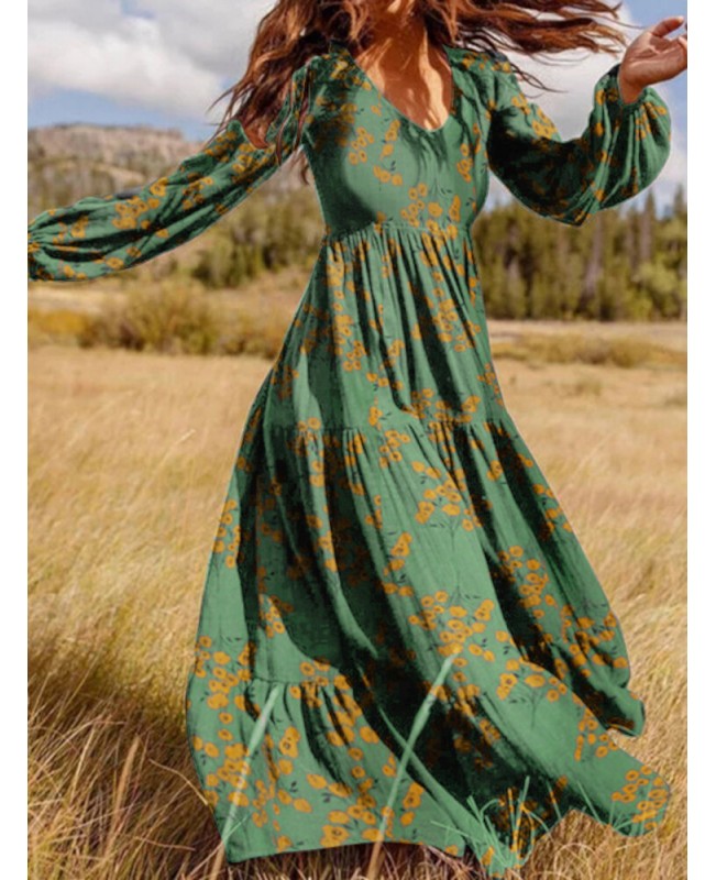 Puff Sleeve V-Neck Floral Loose Casual Dress For Women - Green S