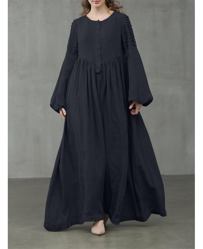 Women Cotton Puff Sleeve Pleated Round Neck Solid Color Swing Maxi Dress - Green L
