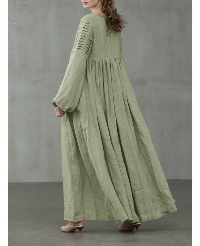 Women Cotton Puff Sleeve Pleated Round Neck Solid Color Swing Maxi Dress - Green L