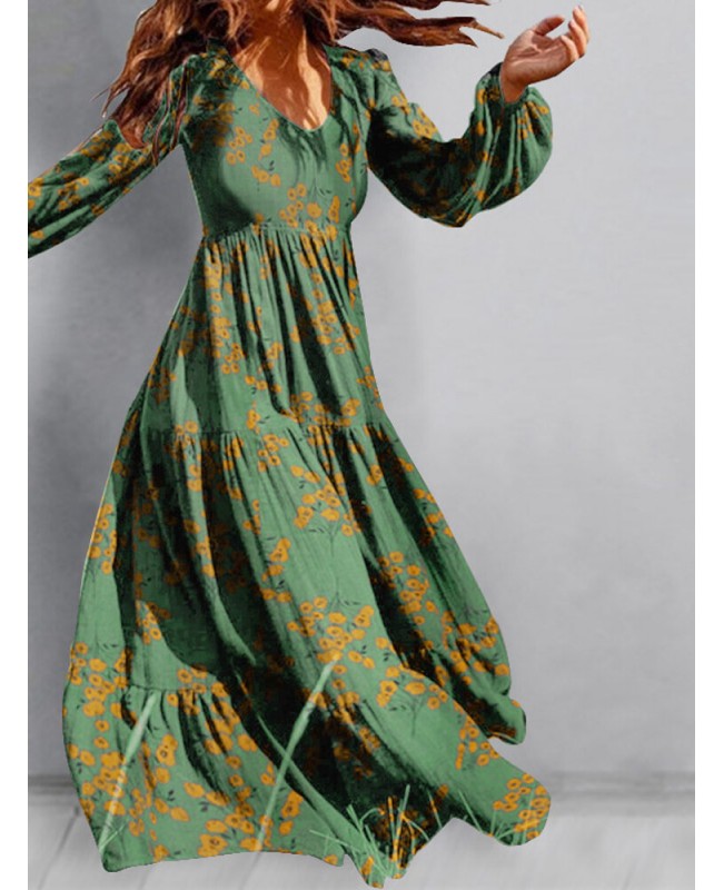 Puff Sleeve V-Neck Floral Loose Casual Dress For Women - Green S