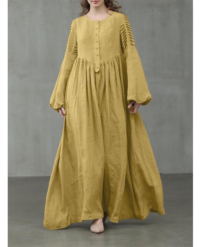 Women Cotton Puff Sleeve Pleated Round Neck Solid Color Swing Maxi Dress - Green L