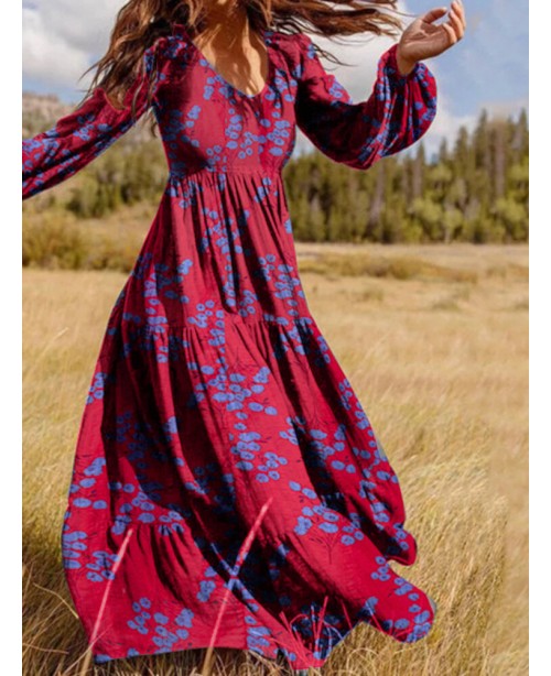 Puff Sleeve V-Neck Floral Loose Casual Dress For W...