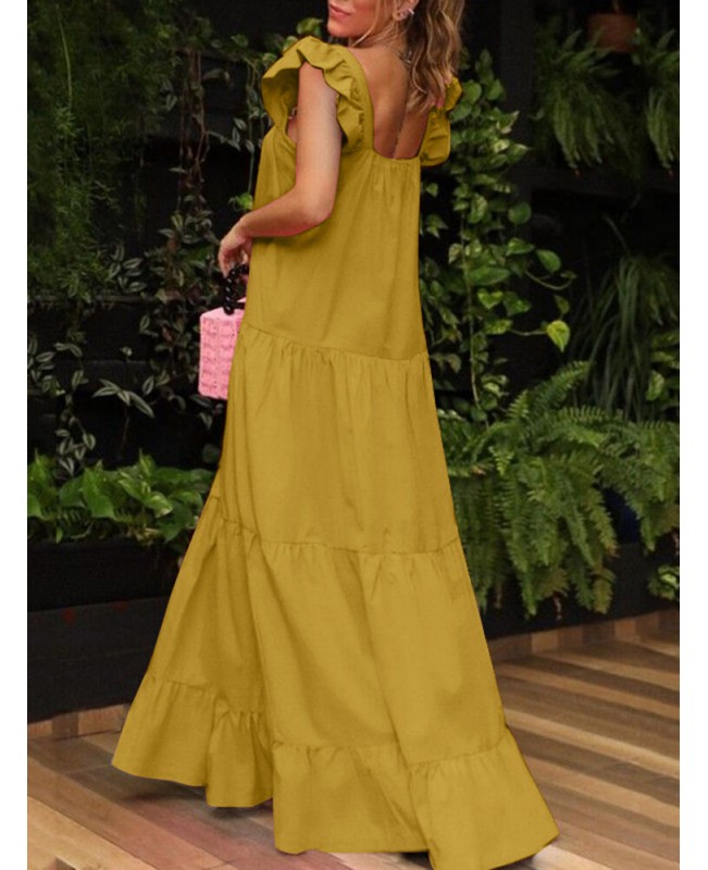 Solid Ruffle Backless Square Collar Casual Maxi Dress - Yellow 2XL