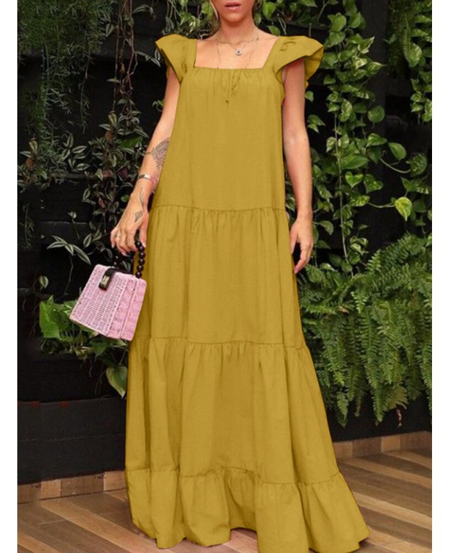 Solid Ruffle Backless Square Collar Casual Maxi Dress - Yellow 2XL