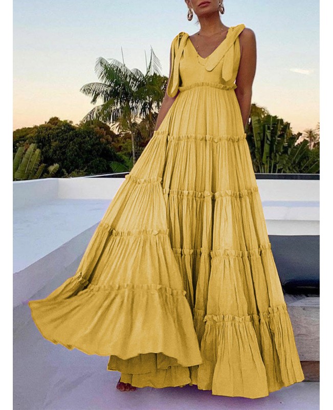 Leisure Solid Lettuce-Edge Knotted Zip V Neck Maxi Dress - Yellow S