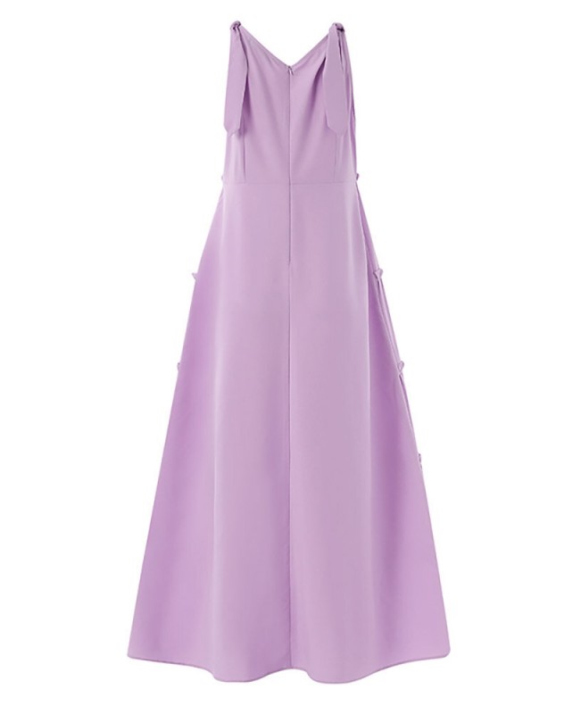 Leisure Solid Lettuce-Edge Knotted Zip V Neck Maxi Dress - Yellow S