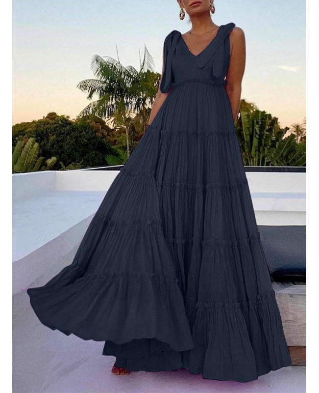 Leisure Solid Lettuce-Edge Knotted Zip V Neck Maxi Dress - Yellow S