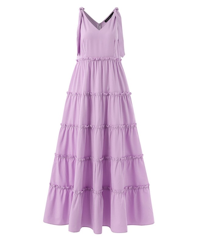 Leisure Solid Lettuce-Edge Knotted Zip V Neck Maxi Dress - Yellow S