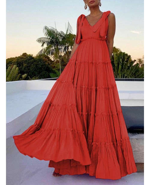 Leisure Solid Lettuce-Edge Knotted Zip V Neck Maxi...