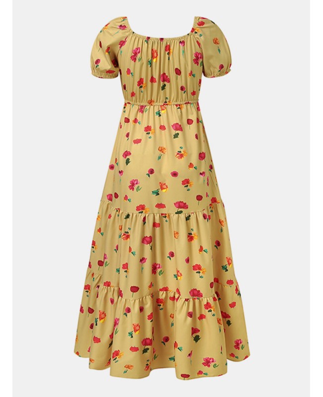 Women Elastic Square Collar Floral Print Holiday Casual Floor Maxi Dress With Belt - White M