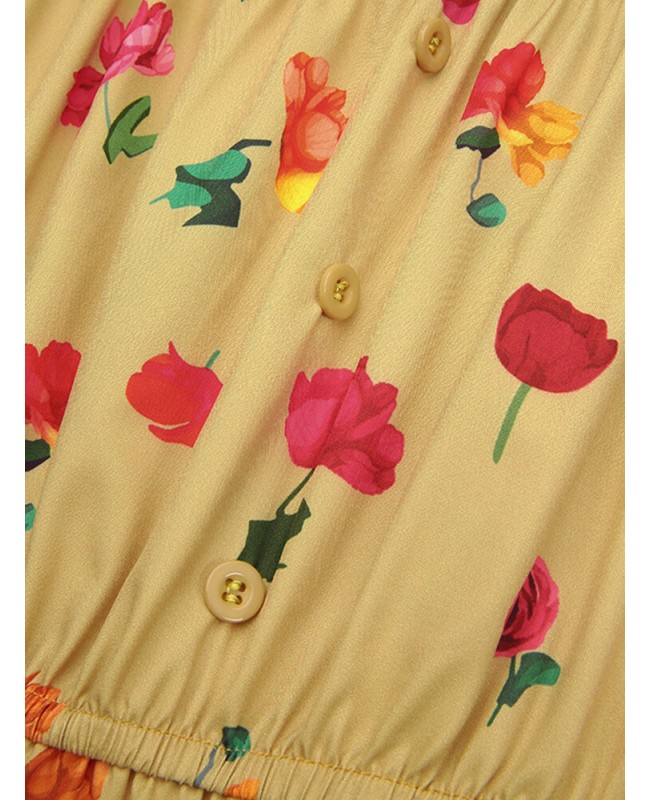 Women Elastic Square Collar Floral Print Holiday Casual Floor Maxi Dress With Belt - White M