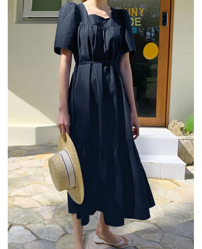 Leisure Solid Tie-Up Ruched Square Collar Maxi Dress - Black S