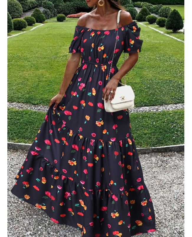 Women Elastic Square Collar Floral Print Holiday Casual Floor Maxi Dress With Belt - White M