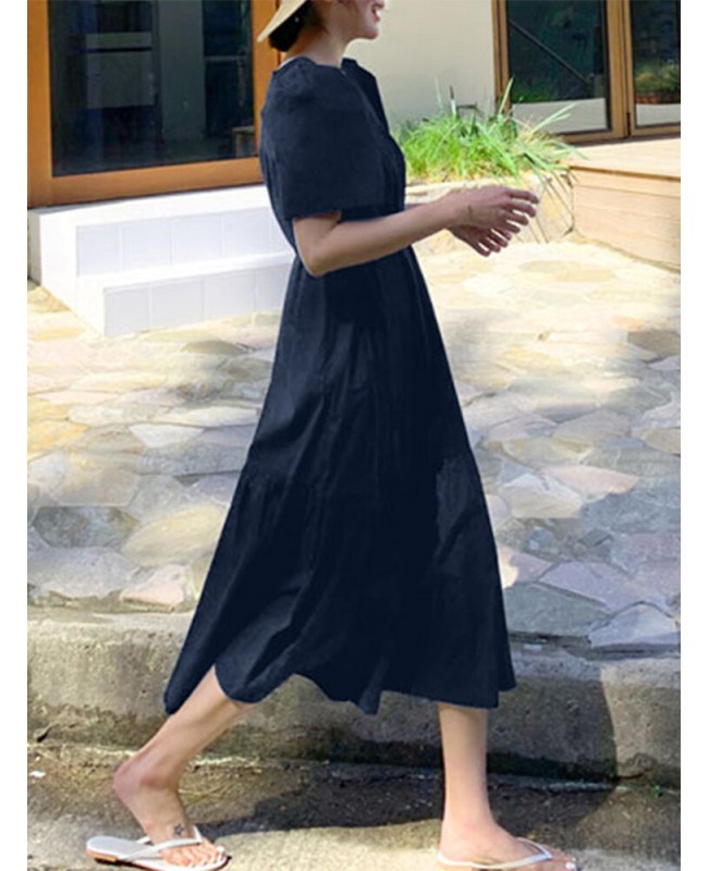 Leisure Solid Tie-Up Ruched Square Collar Maxi Dress - Black S