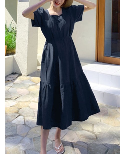 Leisure Solid Tie-Up Ruched Square Collar Maxi Dre...