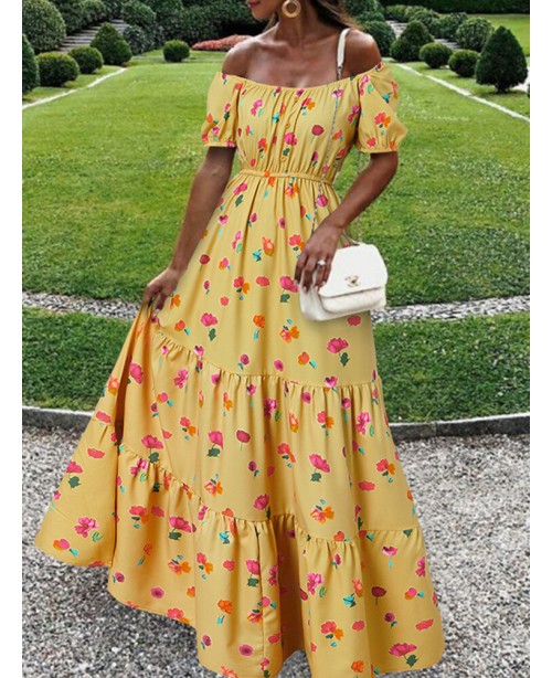 Women Elastic Square Collar Floral Print Holiday C...